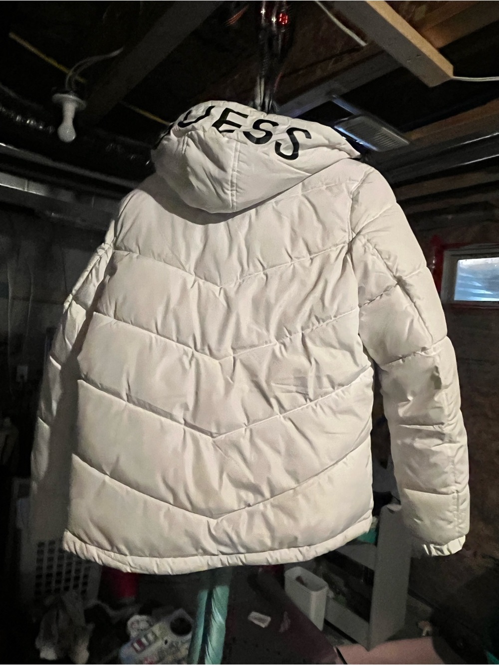 Guess White Quilted Puffer Jacket with Logo Hood